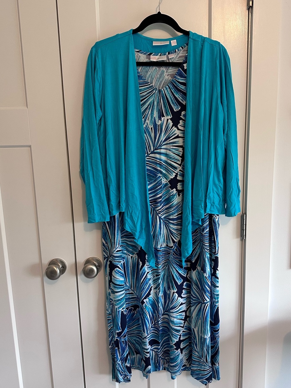 Turquoise & Navy Palm-Print Women’s Dress with Turquoise Cardigan